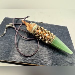 Artisan created aventurine pendulum beaded pendant on 18” leather cord OOAK